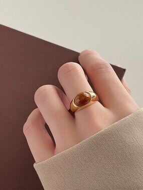 Vintage Gold Tone Adjustable Ring Brown Stone Oval Statement Ring Open Band